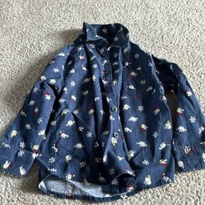 Festive Blue and white button down long sleeve shirt- Christmas- warm soft